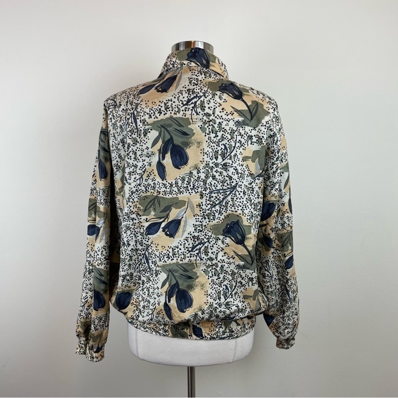 Kim Rogers Sport Olive Green Navy Blue Silk Floral Full Zip Jacket Women Small - Picture 6 of 8